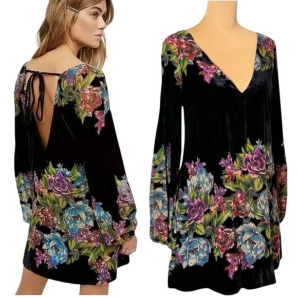 Free People Misha Burnout Velvet Dress Sz.XS Black Floral Boho Whimsigoth - Picture 1 of 13